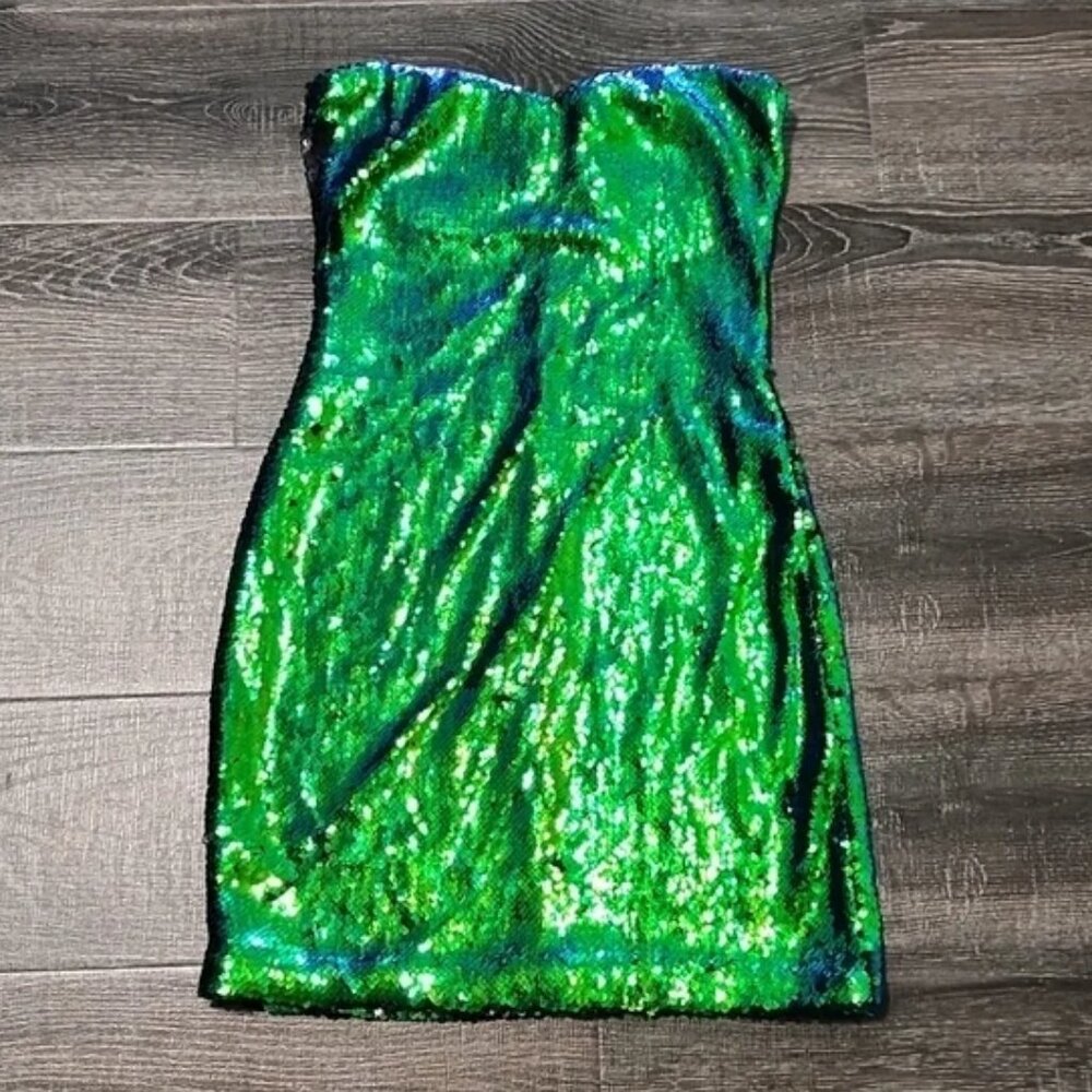 As U Wish Green Sequin Strapless Mini Dress